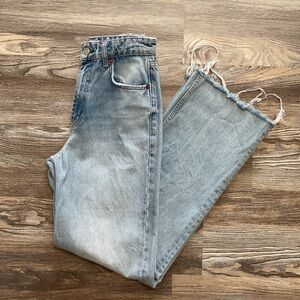 Zara High Rise Light Rinse Distressed Ripped Raw Hem Wide Leg Jeans 4